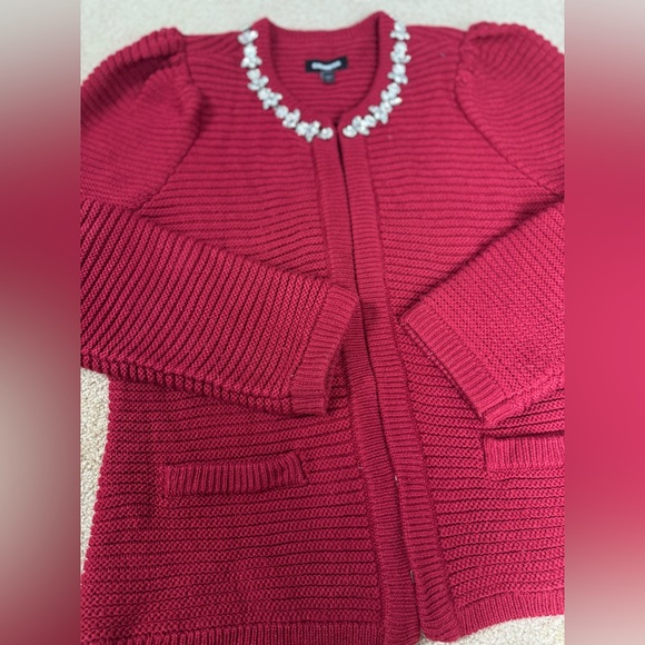 Express Red Jewel Embellished Holiday Christmas Cardigan Sweater Women’s L‎ - Picture 4 of 11